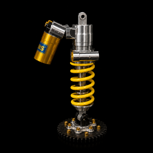 LuxShock coilover desk lamp switched off, showing the coil-style spring and gear-tooth base