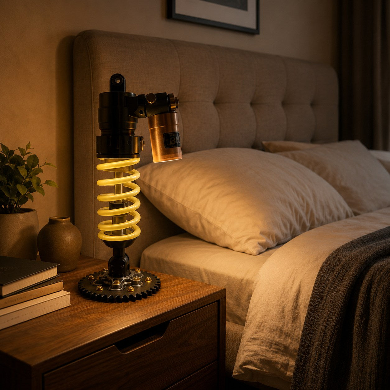 LuxShock lamp on a nightstand, head tilted away from the pillow