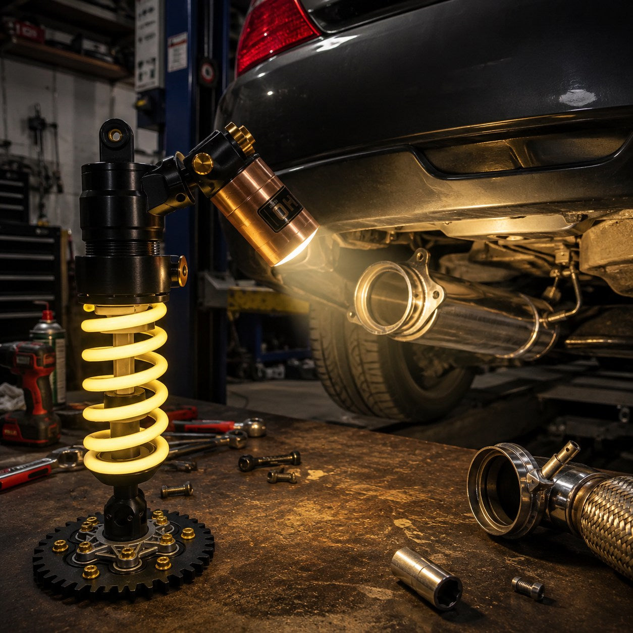 LuxShock lamp glowing on a garage workbench with a car on a lift behind it
